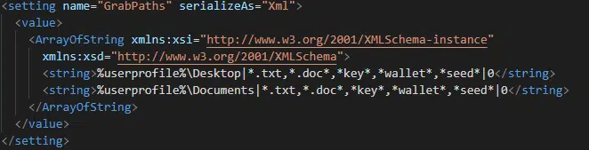 Figure 9  Regex setting for grabbing txt, doc, key, wallet and seed files.