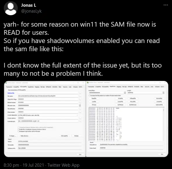 HiveNightmare SeriousSAM Initial vulnerability discover via @jonasLyk on Twitter