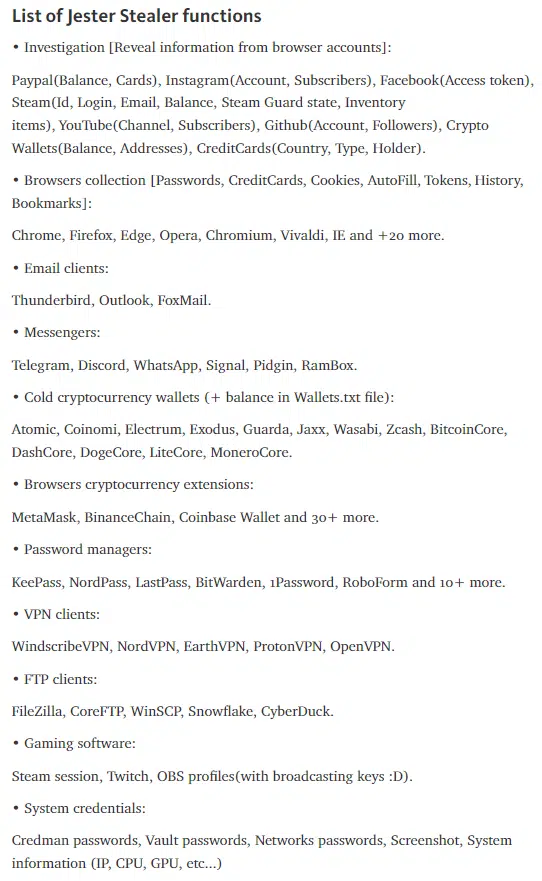 Jester Stealer’s features and functions list