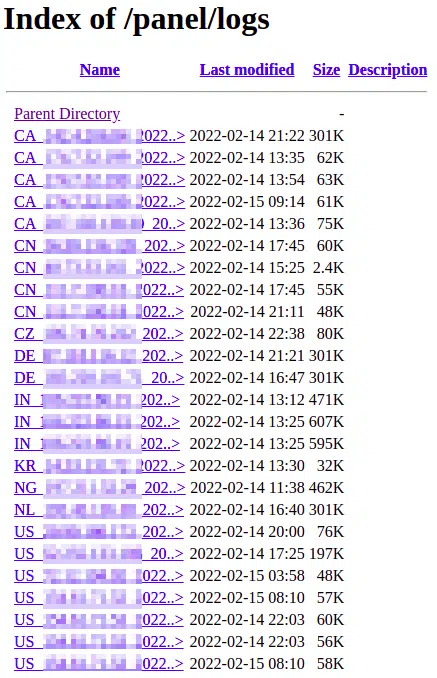 Victims’ log files found in the C&C Dashboard