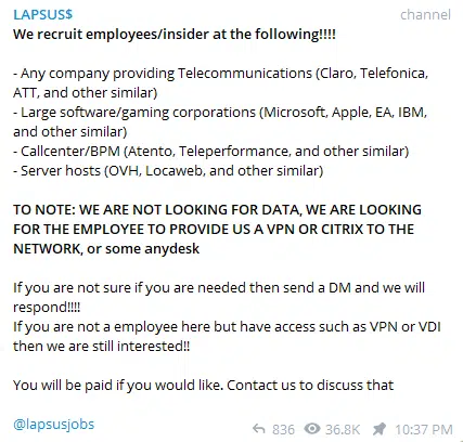 LAPSUS recruitment announcement on Telegram