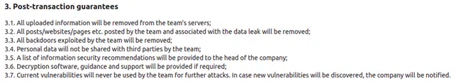 RansomHouse commitments list after a successful negotiation
