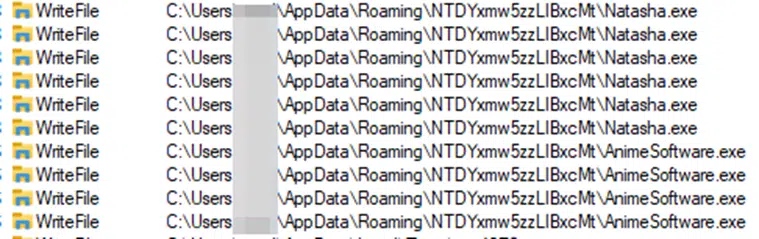 The malicious patch creating the AnimeSoftware.exe and Natasha.exe files