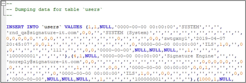 Figure 11 - INSERT statement, including values, populating the users table.