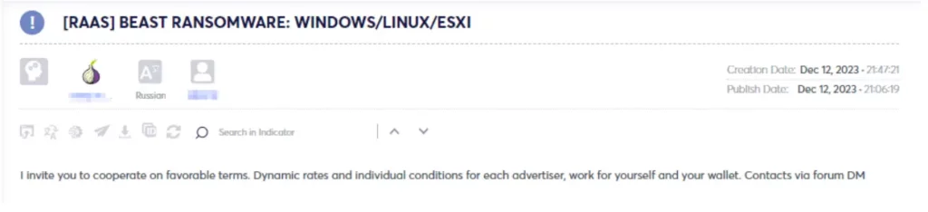 Figure 1: Beast Ransomware Operators Post