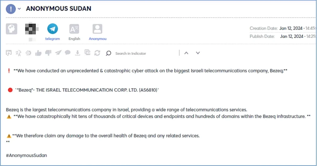 Anonymous Sudan's announcement of the Bezeq attack
