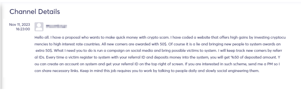 Figure 8 - Search for partners for Crypto scam