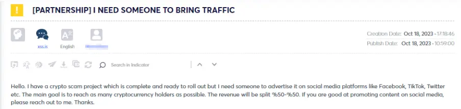 Figure 9 - Search for partners for Crypto scam – Traffic generator