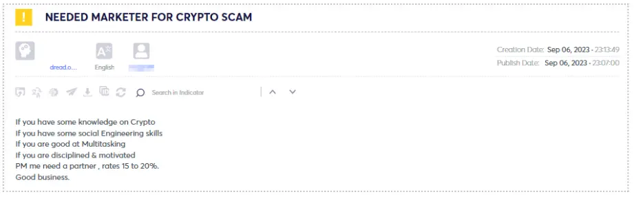 Figure 10 - Search for partners for Crypto scam – Marketer