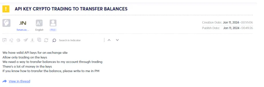 Figure 12 - Search for partners for Crypto scam– Transfer API keys