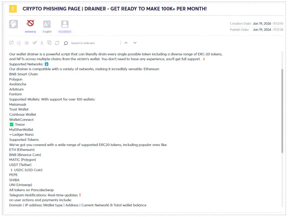 Figure 19 – Crypto Phishing – Drainer for sale