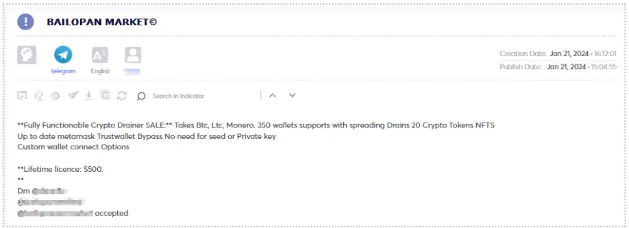 Figure 20 – Crypto Phishing – Drainer lifetime license offered for sale with the price of 500$