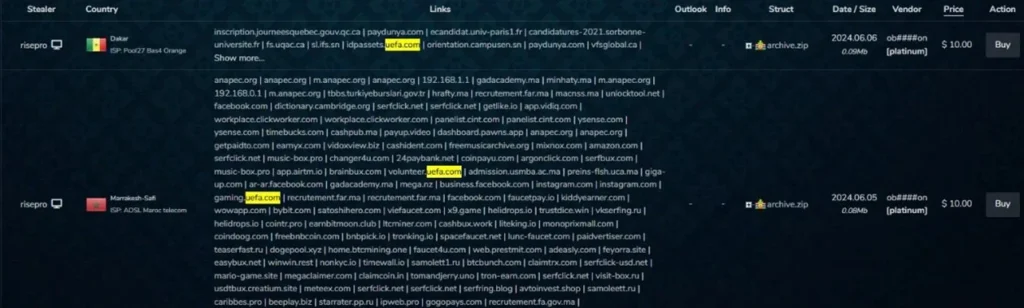 Figure 2: UEFA Customer Credentials For Sale on Darkweb