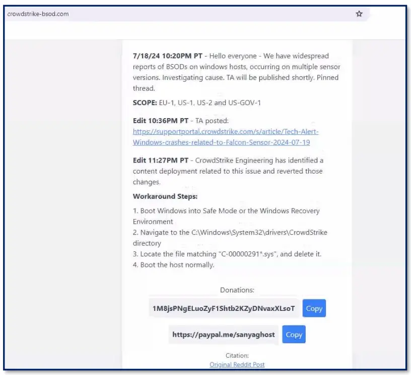 Figure 1: Workaround Fix Shared with Donation Link at crowdstrike-bsod[.]com & fix-crowrdstrike-bsod[.]com