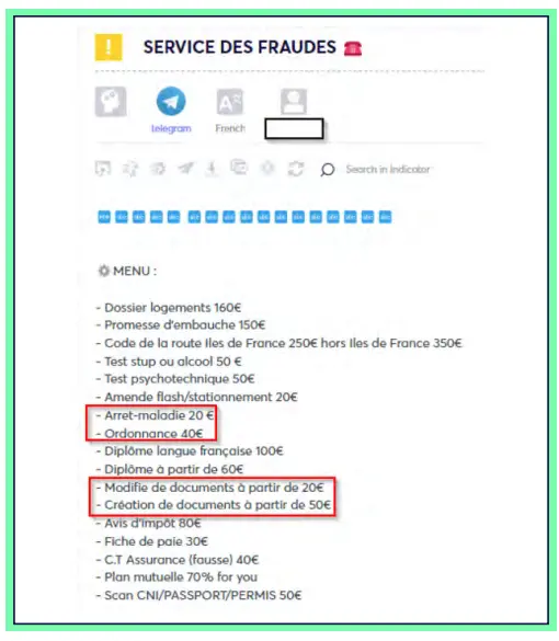 Figure 8:French threat actors offer multiple counterfeit documents on Telegram