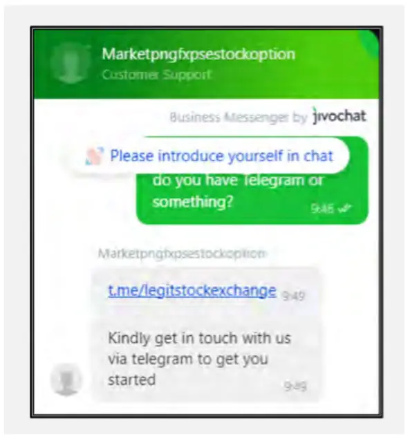 Figure 3: Interaction with the scammers via the website’s chatbot reveals they redirect victims to Telegram.
