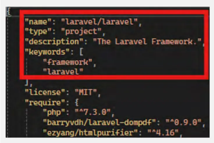 Figure 6: Screenshot of the "composer.json" file, indicating that the web application is built using Laravel.