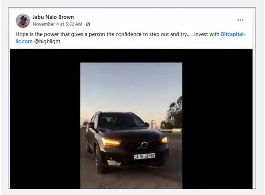 Figure 19: The threat actor uses motivational posts with luxurious cars like this, to lure victims into investing in fraudulent platforms