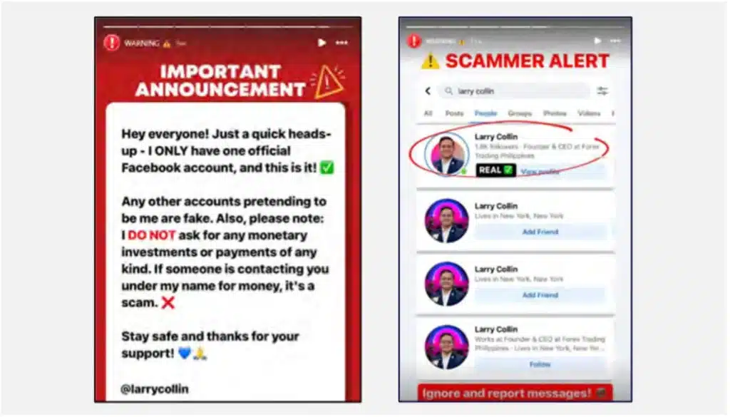 Figures 21-22: Larry's official profiles issued warnings about impersonation scams.